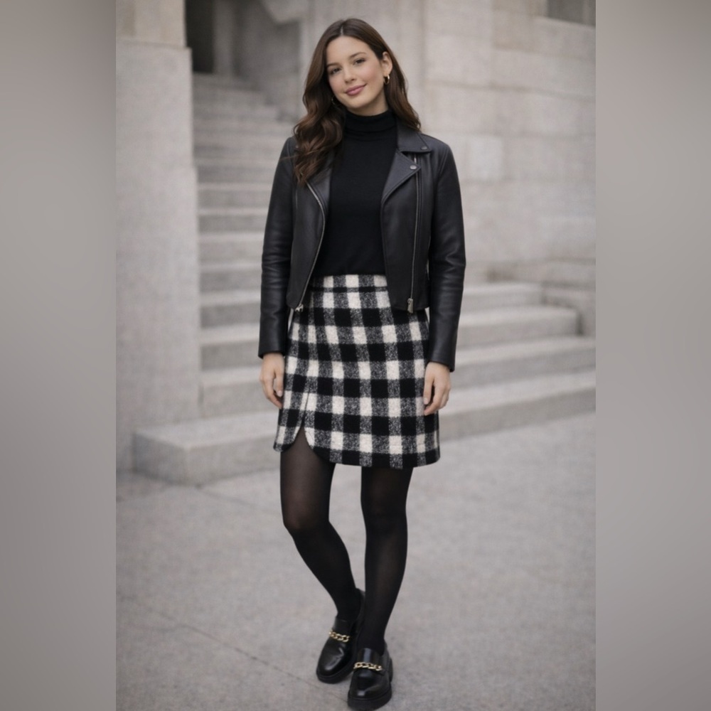 Madewell Buffalo Check Wool  Mini Skirt in Black and White